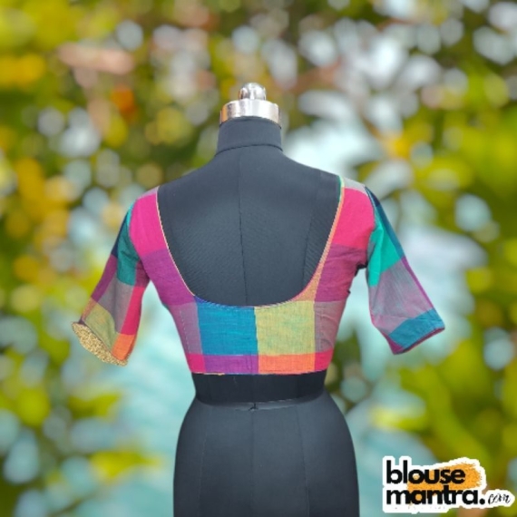 Cotton Check Print |Big Check | Green , Pink , Navy | Front V Neck | Back Round Neck Glass Sleeve