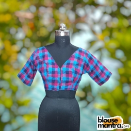 Cotton Check Print | Small Check | Blue , Pink , Navy | Front V Neck | Back Round Neck Glass Sleeve