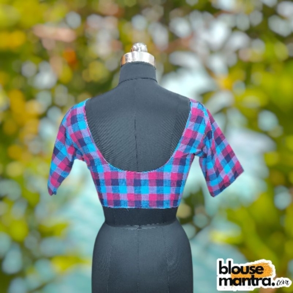 Cotton Check Print | Small Check | Blue , Pink , Navy | Front V Neck | Back Round Neck Glass Sleeve