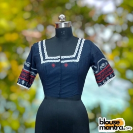  Navy Blue Jamdani | Square Neck | Lace Attached Glass