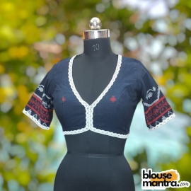 Navy Blue Jamdani | Back Oval Cut| Lace Attached Glass