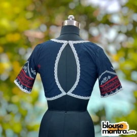 Navy Blue Jamdani | Back Oval Cut| Lace Attached Glass