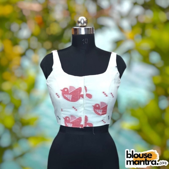 White Jamdani | Birds Front | Front Hook | Round neck Sleeveless