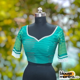 Green Begampuri | Front Dome Neck | Back Cut | lace Attached Puff Sleeve