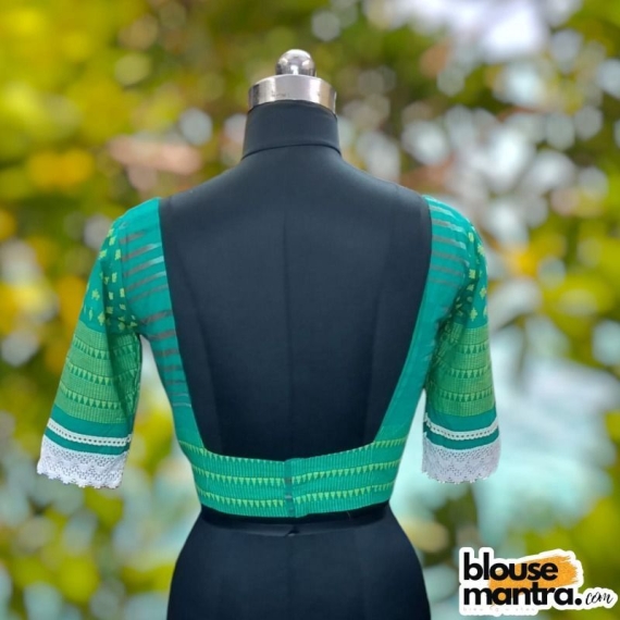Green Begampuri | Front Dome Neck | Back Cut | lace Attached Puff Sleeve