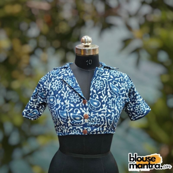 Indigo | kantha Stitch | Flower With Leaves Print | Blazer Coller |Wooden Button Glass Sleeve