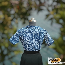 Indigo | kantha Stitch | Flower With Leaves Print | Blazer Coller |Wooden Button Glass Sleeve