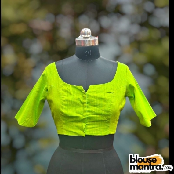 Parrot Green Khadi Cotton | Front Dome Neck | Back Boat Neck Glass Sleeve