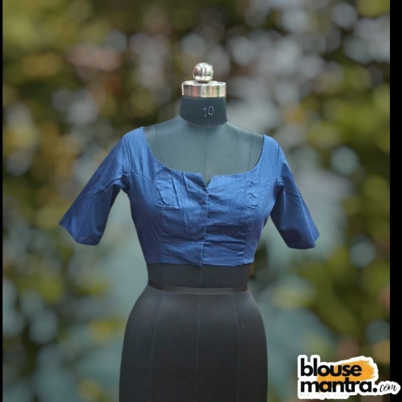 Navy Blue Khadi Cotton | Front Dome Neck | Back Boat Neck Glass Sleeve