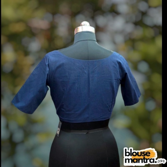 Navy Blue Khadi Cotton | Front Dome Neck | Back Boat Neck Glass Sleeve