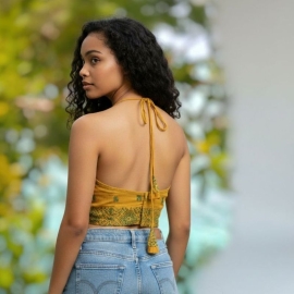  Yellow Jamdani | Halter String Noodle Strap