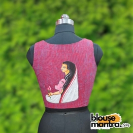 Maroon & Blue Dual Tone Khadi Cotton | Maa Durga Hand Paint Sleeveless