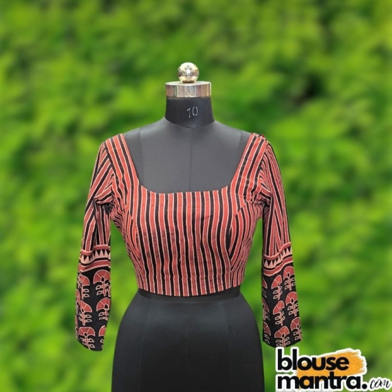 Black Ajrakh | Stripes Print | Square Neck Full Sleeve