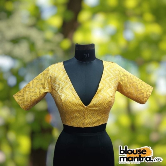 Lime Yellow Brocade | Front V Neck | Back Boat Neck Glass Sleeve
