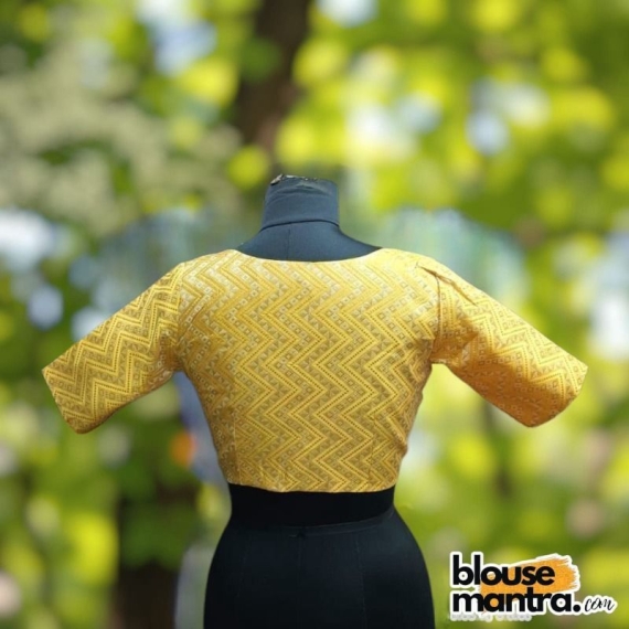 Lime Yellow Brocade | Front V Neck | Back Boat Neck Glass Sleeve