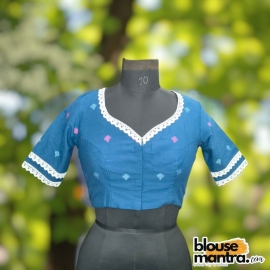 Firoza Blue Jamdani | Front Sabyasachi Neckline | Back Boat Neck | Lace Attached Glass Sleeve