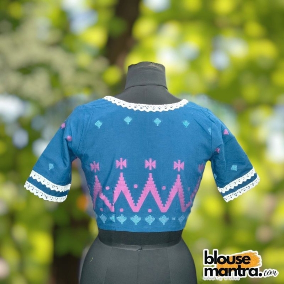 Firoza Blue Jamdani | Front Sabyasachi Neckline | Back Boat Neck | Lace Attached Glass Sleeve