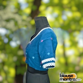 Firoza Blue Jamdani | Front Sabyasachi Neckline | Back Boat Neck | Lace Attached Glass Sleeve