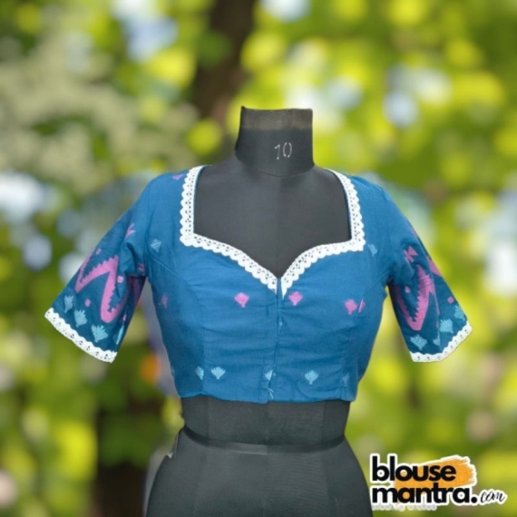 Firoza Blue Jamdani | Front Sweet Heart Neck | Back Triangle Cut | Lace Attached Glass Sleeve