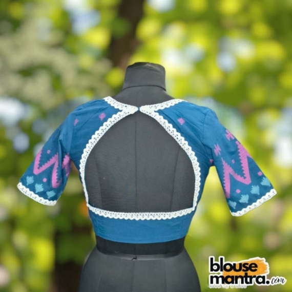 Firoza Blue Jamdani | Front Sweet Heart Neck | Back Triangle Cut | Lace Attached Glass Sleeve