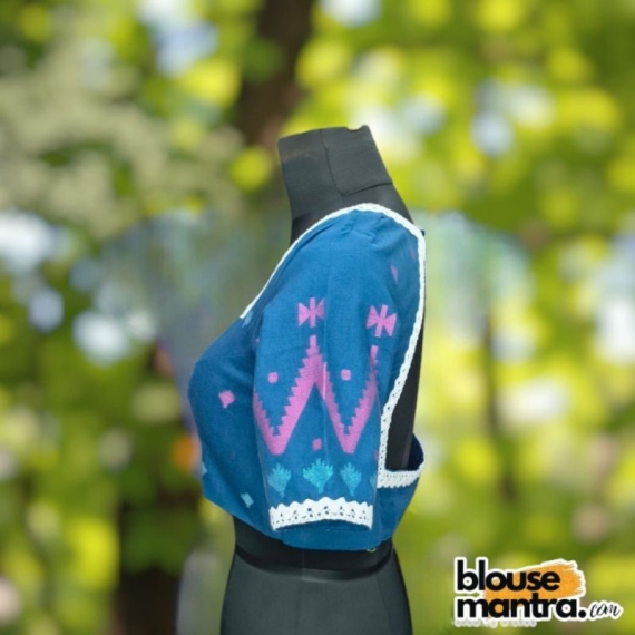 Firoza Blue Jamdani | Front Sweet Heart Neck | Back Triangle Cut | Lace Attached Glass Sleeve