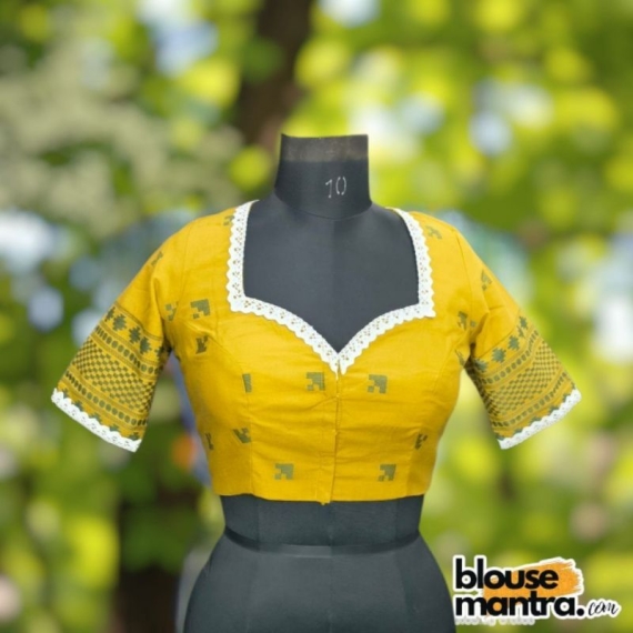 Yellow Jamdani | Front Sweet Heart Neck | Back Triangle Cut | Lace Attached Glass Sleeve