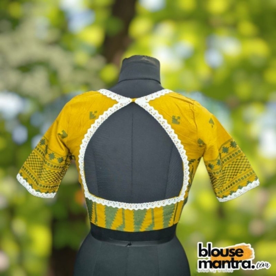 Yellow Jamdani | Front Sweet Heart Neck | Back Triangle Cut | Lace Attached Glass Sleeve