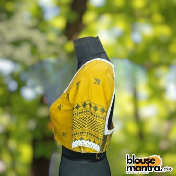 Yellow Jamdani | Front Sweet Heart Neck | Back Triangle Cut | Lace Attached Glass Sleeve