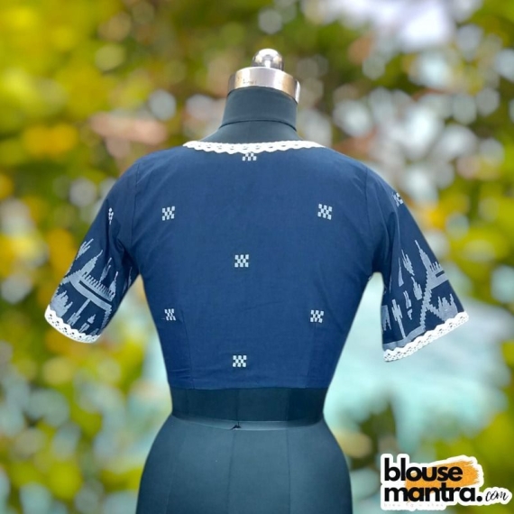 Navy Blue Jamdani | Sweet Heart Neck | Lace Attached Glass Sleeve