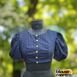 Navy Blue Hakoba | Boat Neck | Front Wooden Button Puff Sleeve