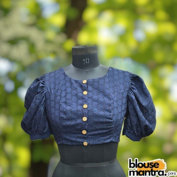 Navy Blue Hakoba | Boat Neck | Front Wooden Button Puff Sleeve