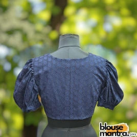 Navy Blue Hakoba | Boat Neck | Front Wooden Button Puff Sleeve