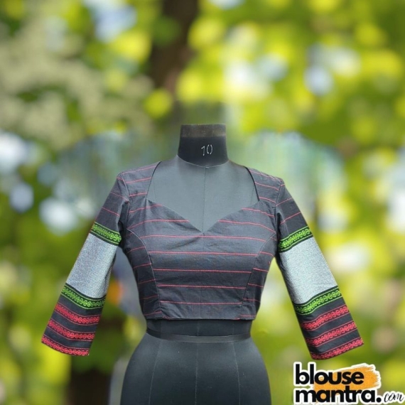 Black Begampuri | Front Sweet Heart Neck | Back Boat neck Quarter Sleeve