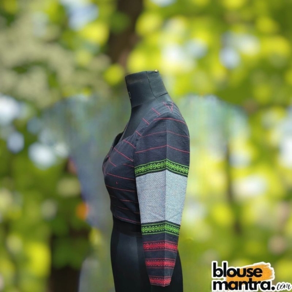 Black Begampuri | Front Sweet Heart Neck | Back Boat neck Quarter Sleeve