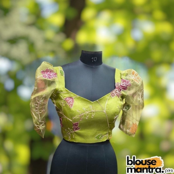 Mehendi Organza | Front Sweet Heart Neck | Back Square Neck Puff Sleeve
