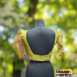 Mehendi Organza | Front Sweet Heart Neck | Back Square Neck Puff Sleeve