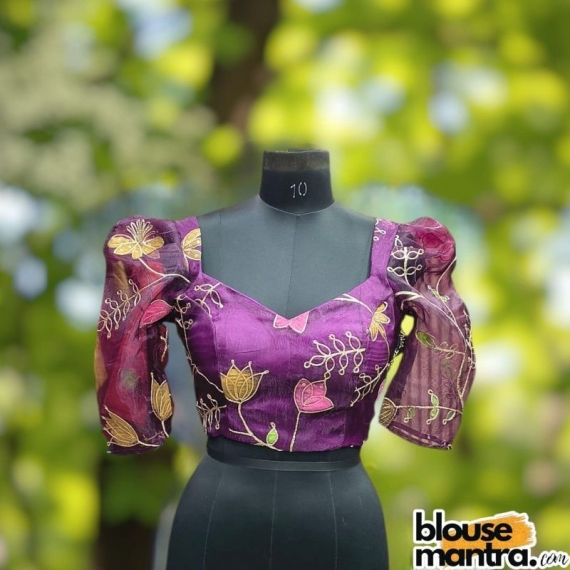  Purple Organza | Front Sweet Heart Neck | Back Square Neck Puff Sleeve