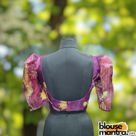  Purple Organza | Front Sweet Heart Neck | Back Square Neck Puff Sleeve