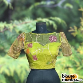 Mehendi Organza | Front Boat Neck | Back Oval Cut Glass Sleeve