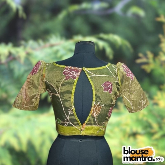 Mehendi Organza | Front Boat Neck | Back Oval Cut Glass Sleeve