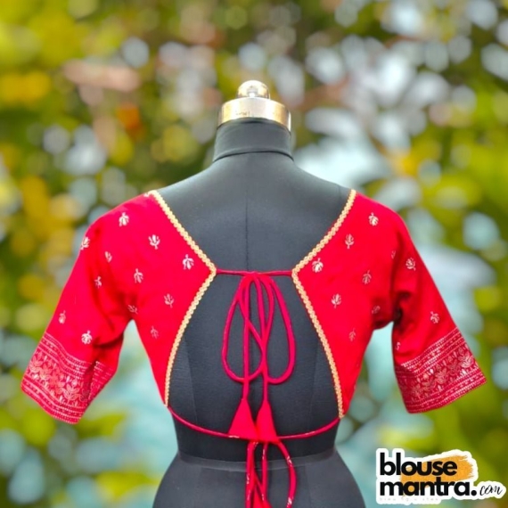  Red Bichitra Silk | Front Celeb Cut |Back Cut | Lace Attached Glass Sleeve