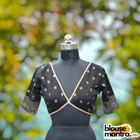 Black Bichitra Silk | Front Celeb Cut |Back Cut | Lace Attached Glass Sleeve