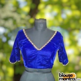 Royal Blue Velvet | V Neck | Ari embroiderry | Back less With Latkan Glass Sleeve
