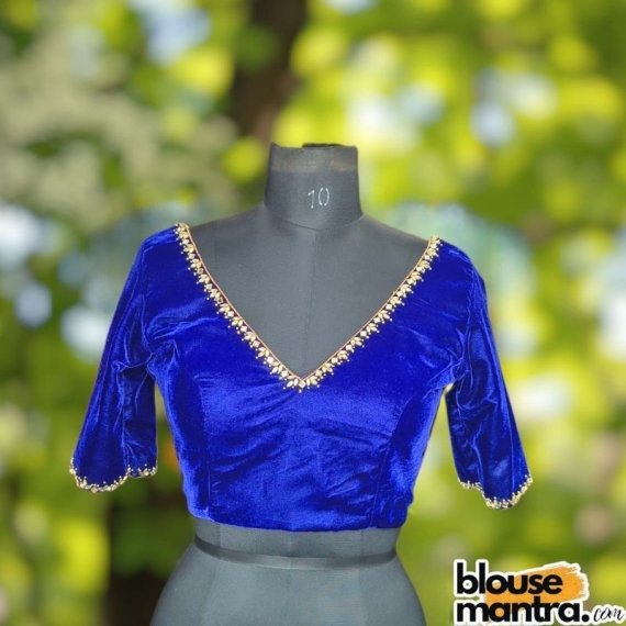 Royal Blue Velvet | V Neck | Ari embroiderry | Back less With Latkan Glass Sleeve