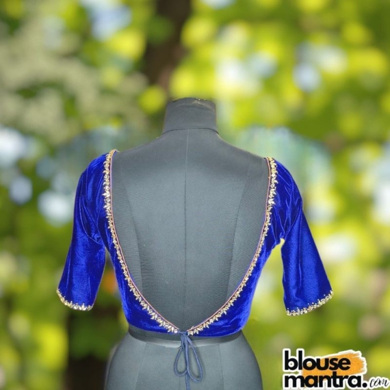 Royal Blue Velvet | V Neck | Ari embroiderry | Back less With Latkan Glass Sleeve