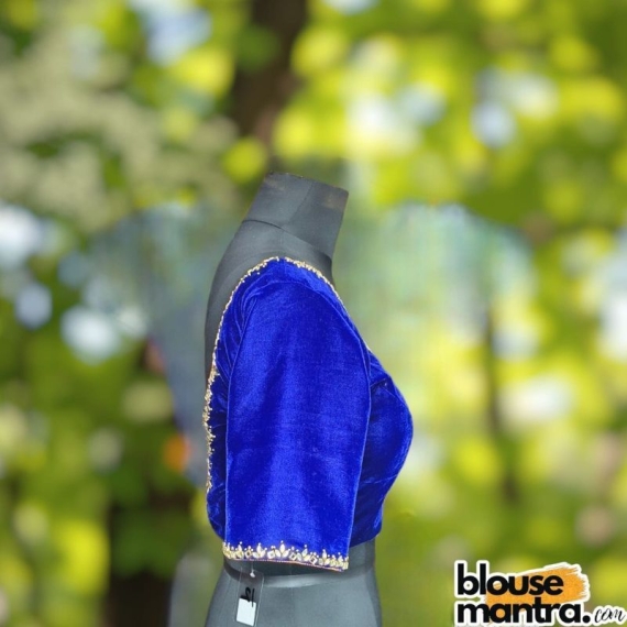 Royal Blue Velvet | V Neck | Ari embroiderry | Back less With Latkan Glass Sleeve
