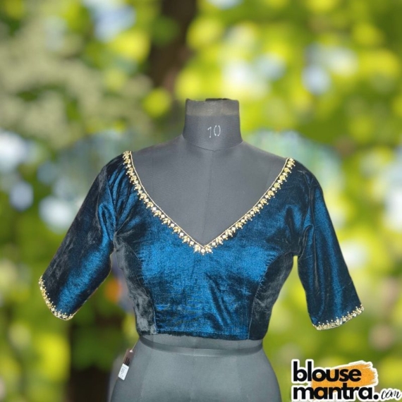 Dark Firoza Velvet | V Neck | Ari embroiderry | Back less With Latkan Glass Sleeve