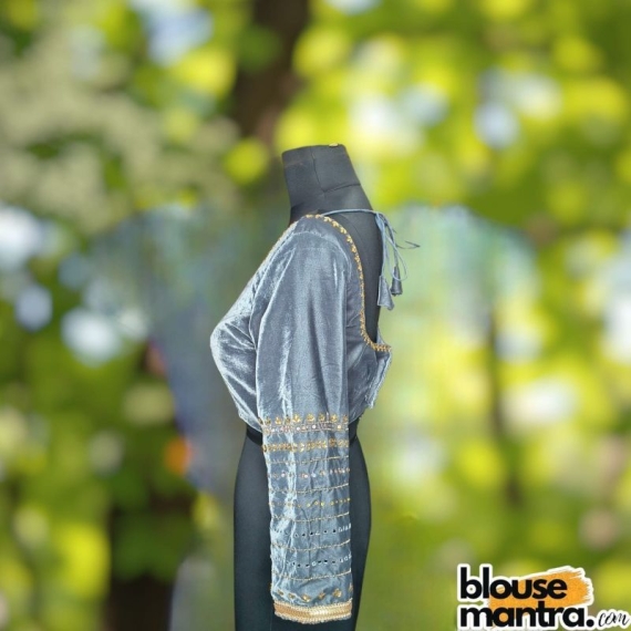 Grey Velvet | Front Sabyasachi Neckline | Back Round Neck | Ari Embroidery Full Sleeve