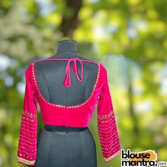 Pink Velvet | Front Sabyasachi Neckline | Back Round Neck | Ari Embroidery Full Sleeve