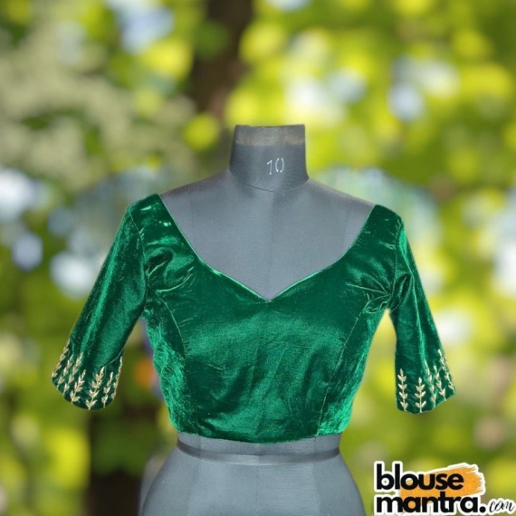Bottle Green Velvet | Leaf Ari embroidery On sleeve | Front sabyasachi neckline Glass Sleeve